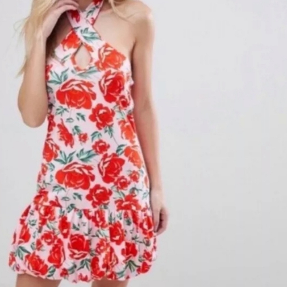 ASOS Pink & Red Roses Bubble Hem Short Dress - Picture 2 of 13